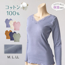 画像をギャラリービューアに読み込む, 長袖シャツ インナー レディース 8分袖インナー 長袖 綿100 リブ コットン レース M~LL (長袖インナー 下着 肌着 婦人) (在庫限り)