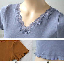画像をギャラリービューアに読み込む, 半袖シャツ インナー レディース 2分袖インナー 半袖 綿100 リブ コットン レース M~LL (下着 肌着 婦人) (在庫限り)