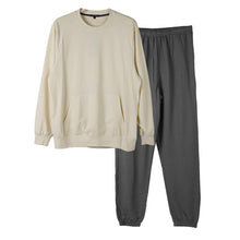 画像をギャラリービューアに読み込む, ルームウェア メンズ 綿100% パジャマ 長袖 上下セット 丸首 クルーネック 部屋着 M L LL 男性 紳士 無地 セットアップ シンプル リラックスウェア スウェット 長ズボン コットン マフポケット 裾しぼり ウエストひも ポケット付き 父の日 プレゼント ギフト