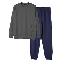 画像をギャラリービューアに読み込む, ルームウェア メンズ 綿100% パジャマ 長袖 上下セット 丸首 クルーネック 部屋着 M L LL 男性 紳士 無地 セットアップ シンプル リラックスウェア スウェット 長ズボン コットン マフポケット 裾しぼり ウエストひも ポケット付き 父の日 プレゼント ギフト