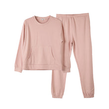 画像をギャラリービューアに読み込む, ルームウェア レディース 綿100 パジャマ 上下セット 保温 丸首 クルーネック 部屋着 M L LL ルームウェア 婦人 無地 セットアップ シンプル リラックスウェア 長袖 スウェット 長ズボン マフポケット 裾しぼり ウエストひも ポケット付き 母の日 プレゼント ギフト