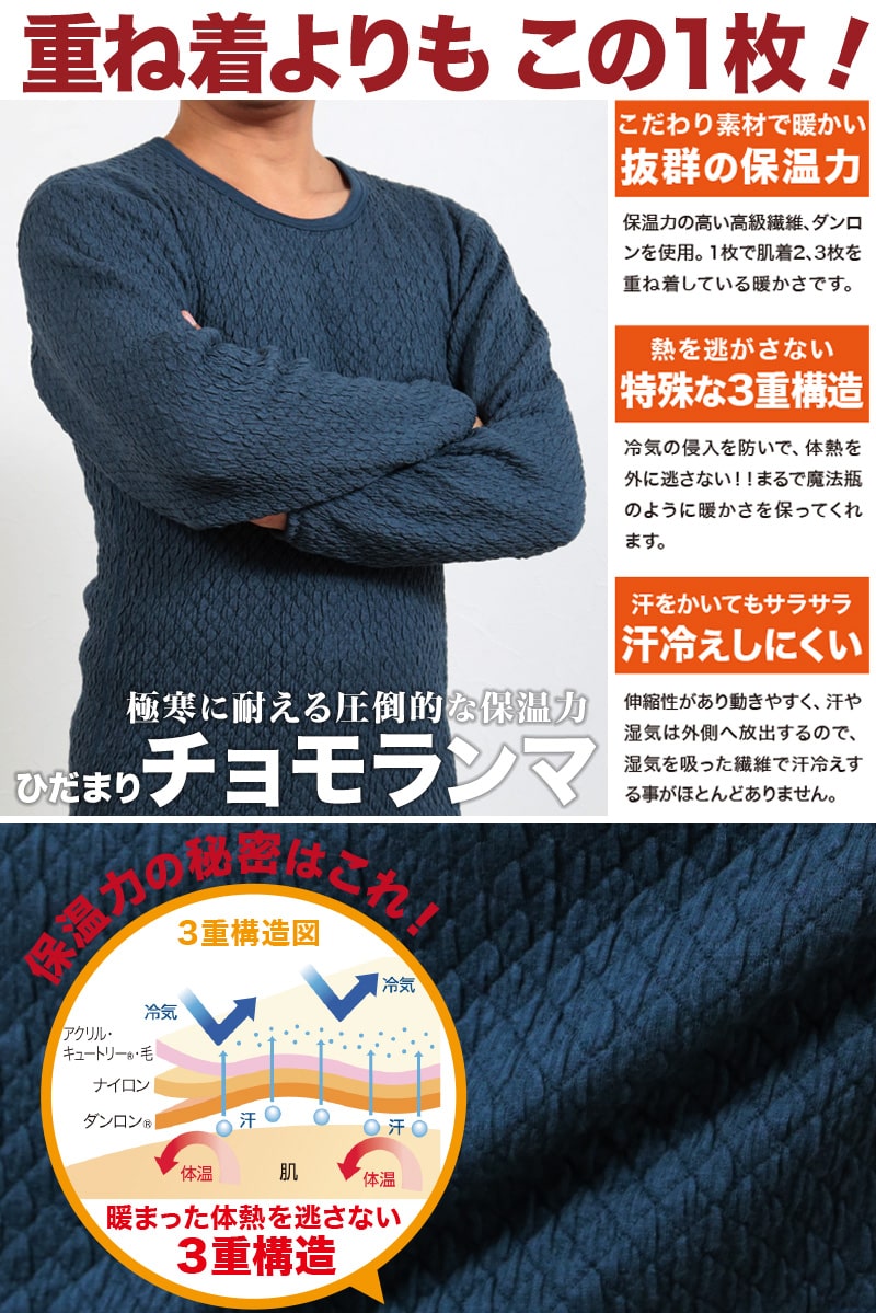 ひだまり チョモランマ 紳士長ズボン下 M～LL (保温力 透湿性 消臭抗菌 静電気抑制 動きやすい 防寒) (送料無料)