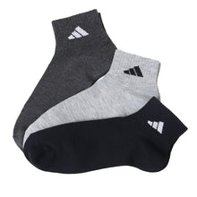 画像をギャラリービューアに読み込む, 靴下 アディダス ショート ソックス メンズ 男子 adidas 3足組 24-26cm~28-30cm 中学生 高校生 黒 男性 くるぶし くつ下 ワンポイント 丈夫 スポーツソックス 黒 グレー 杢