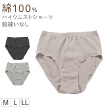 画像をギャラリービューアに読み込む, レディース 綿100 ショーツ ハイウエスト M L LL 下着 肌着 パンツ 婦人 女性 薄手 黒 ピンク グレー 脇縫いなし コンパクト