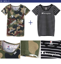 画像をギャラリービューアに読み込む, チャンピオン キッズ 半袖シャツ 2枚組 120cm~140cm (Champion ジュニア Tシャツ クルーネック 男の子 男児 130 黒 迷彩 ブラック) (在庫限り)