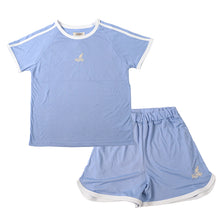 画像をギャラリービューアに読み込む, キッズ パジャマ 半袖 半ズボン 女の子 カンゴール 130 140 150 160 cm 子供 春 夏 ルームウェア 部屋着 上下セット セットアップ ジュニア 子供服 水色 ブルー 灰 グレー (在庫限り)