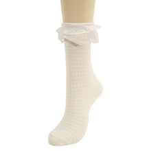 画像をギャラリービューアに読み込む, 女の子 靴下 フォーマル レース付き ハイソックス S~LL (子供 キッズ ソックス 白 フリル レース かわいい 発表会 入学式 入園 卒園 小学生 中学生)