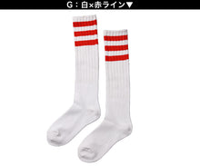 画像をギャラリービューアに読み込む, ラインソックス レディース ハイソックス ロングソックス 日本製 綿混 靴下 ライン入り アウトレット 22 23 24 25cm スポーツソックス スクールソックス カラーソックス 3本ライン 制服 コスプレ ダンス カジュアル スポーティー