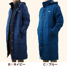画像をギャラリービューアに読み込む, ベンチコート メンズ 中綿 コート 冬 FILA フィラ M~LL 中綿コート 暖かい 膝丈 ハーフ スポーツ アウター 防寒着 保温 無地 ウエア サッカー ネイビー ブラック ブルー スクール