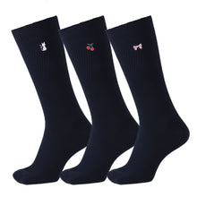 画像をギャラリービューアに読み込む, スクールソックス ワンポイント 3足セット 女子 靴下 通学 スリークォーター丈 14-16cm~18-20cm 白 紺 黒 短め ハイソックス 小学生 中学生 学校 子供 キッズ 両面刺繍 かわいい 通園