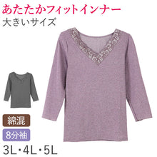 画像をギャラリービューアに読み込む, 婦人 8分袖 インナー スリーマー スリーマ 長袖 肌着 レース 3L 4L 5L 婦人肌着 レディース シャツ 下着 肌着 薄手 暖かい あったか 防寒 冬 綿混 3L 4L 5L (在庫限り)