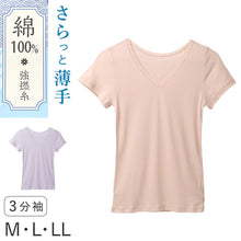 画像をギャラリービューアに読み込む, レディース シャツ インナー 3分袖 Vネック 綿100 強撚糸 M L LL フライス 薄手 やわらか 肌着 下着 半袖 トップス カットソー 肌にやさしい 夏 涼しい 重ね着 部屋着 綿インナー 婦人インナー レディース肌着 V首 レース