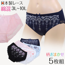 画像をギャラリービューアに読み込む, ショーツ レディース 大きいサイズ 3l 4l 5l 綿 セット 柄おまかせ 5枚組 3L~10L (下着 女性 婦人 まとめ買い 福袋 インナー かわいい おしゃれ 6l 8l 10l) (在庫限り)