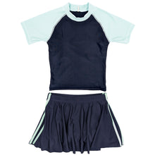 画像をギャラリービューアに読み込む, スクール水着 セパレート 女の子 スカート 半袖 120cm~170cm 学校 水着 上下セット 女子 小学生 セットアップ 子供 キッズ 紫外線対策 UVカット プール スイムウェア 中学生 大きいサイズ ラベンダー サックス (送料無料) (在庫限り)