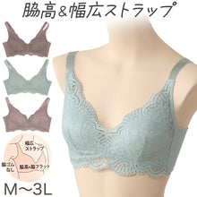 画像をギャラリービューアに読み込む, ノンワイヤーブラ レディース らくちん レース 脇高 幅広ストラップ M~3L ノンワイヤー ブラジャー らくらく 大きいサイズ 大きめ L LL 3L