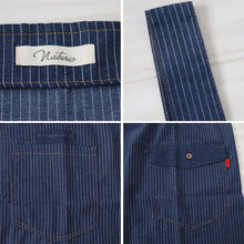 画像をギャラリービューアに読み込む, エプロン 男女兼用 デニム シンプル 無地 ストライプ 綿混 85cm 丈夫 キッチン 婦人 紳士 おしゃれ ガーデニング 保育士 調理実習 中学生 高校生