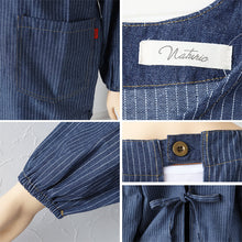 画像をギャラリービューアに読み込む, エプロン 割烹着 レディース デニム 長袖 シンプル 無地 ストライプ 綿混 90cm ストライプ 女性 シンプル 無地 可愛い かっぽう着 割烹 着 かっぽうぎ