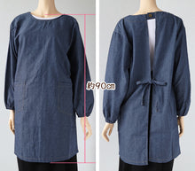 画像をギャラリービューアに読み込む, エプロン 割烹着 レディース デニム 長袖 シンプル 無地 ストライプ 綿混 90cm ストライプ 女性 シンプル 無地 可愛い かっぽう着 割烹 着 かっぽうぎ