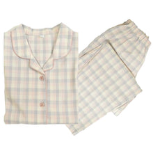 画像をギャラリービューアに読み込む, パジャマ レディース 綿100 長袖 婦人 先染め M・L チェック ストライプ 長ズボン 女性 綿 寝巻 肌に優しい ルームウェア 部屋着 (在庫限り)