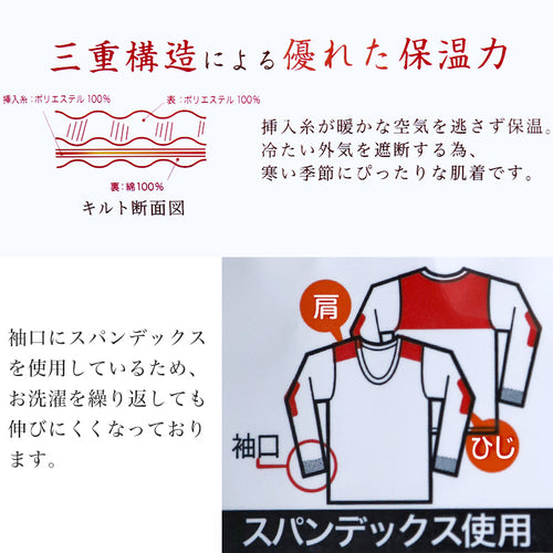 メンズ インナー 長袖シャツ 長袖インナー キルト あたたかい 当て布付き 肌着 綿 保温 M～LL (紳士 下着 防寒 冷え防止 U首 M L LL) (在庫限り)