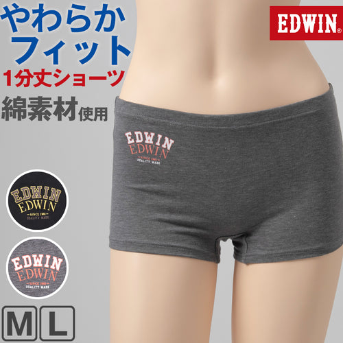EDWIN レディース ショーツ 1分丈 綿素材 優しい肌触り フィット感 やわらか ストレッチ 動きやすい 下着 インナー 女子 黒 グレー チャコール M L M・L