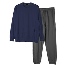 画像をギャラリービューアに読み込む, ルームウェア メンズ 綿100% パジャマ 長袖 上下セット 丸首 クルーネック 部屋着 M L LL 男性 紳士 無地 セットアップ シンプル リラックスウェア スウェット 長ズボン コットン マフポケット 裾しぼり ウエストひも ポケット付き 父の日 プレゼント ギフト
