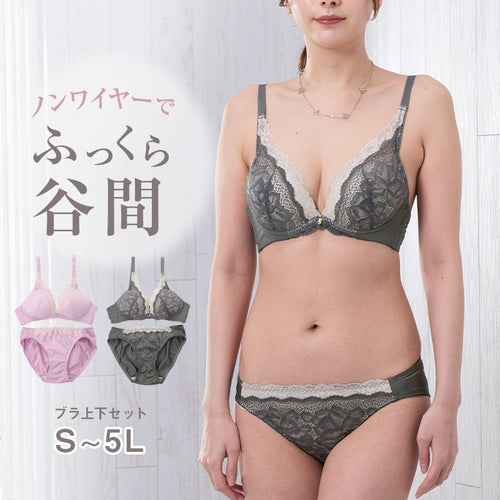 ノンワイヤーブラ ショーツ 上下セット S ～ 5L ブラジャー レディース 下着 セットアップ インナー レース かわいい ワイヤレス 補整下着 痛くない 大きいサイズ 楽ちん