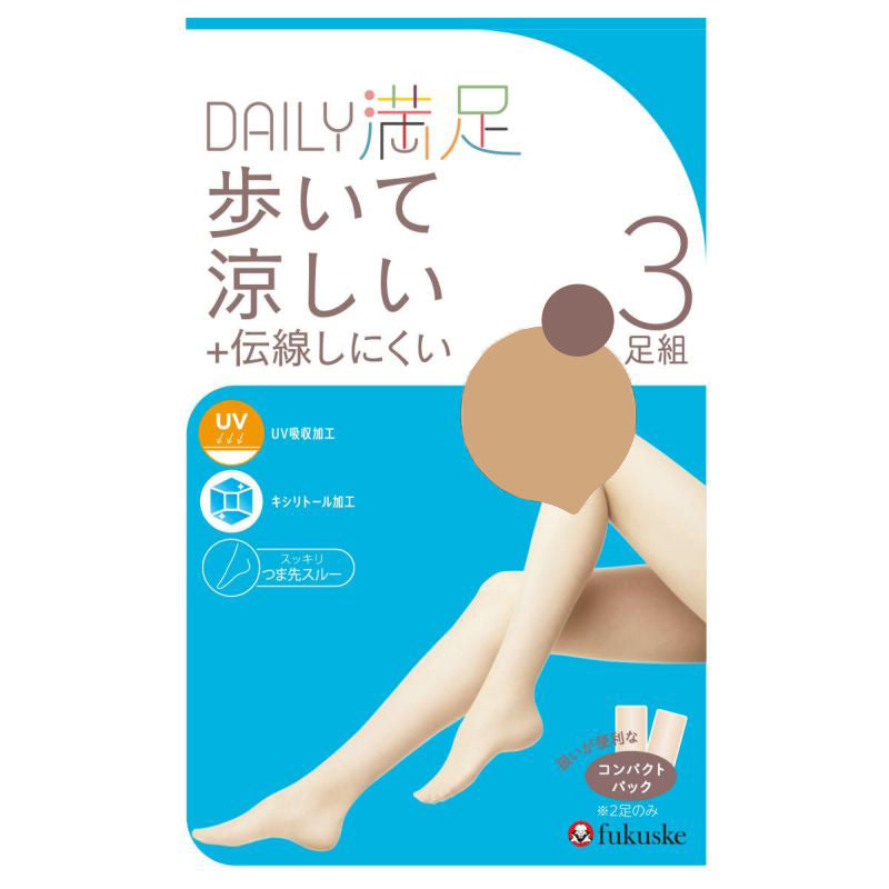 福助 デイリー満足 涼感 ストッキング 3足組 M-L・L-LL (ストッキング uv 夏用 パンスト 黒 ベージュ レディース)