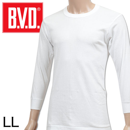 BVD インナー メンズ 長袖 綿100% 丸首 tシャツ ロンt クルーネック LL 肌着 8分袖 コットン 下着 綿100 アンダーウェア 丈夫 男性 紳士 白 無地 大きいサイズ