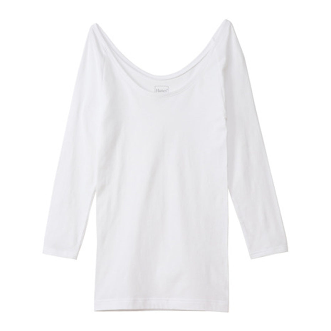 ヘインズ インナー レディース 長袖 シャツ 襟ぐり 広め フリーサイズ (下着 tシャツ 9分袖 白 黒 無地 綿混 コットン ストレッチ hanes) (在庫限り)