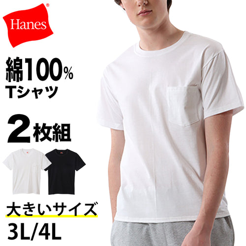 ヘインズ Tシャツ 綿100％ メンズ 2枚組 白 黒 ポケット付き ビジネス ビジカジ魂 インナー スーツ カジュアル 抗菌防臭 3L-4L Hanes 3L 4L 男性 紳士 下着 カジュアル オフィス スマート フォーマルカジュアル (在庫限り)