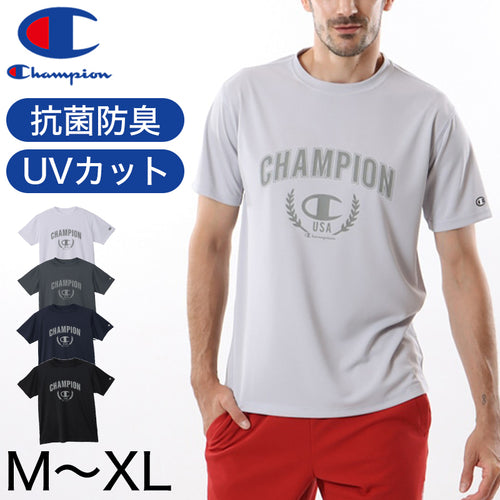 Champion Tシャツ メンズ 半袖 紳士 ウエア シャツ トップス M L XL 吸汗 速乾 抗菌 防臭 紫外線 反射材 ロゴ シンプル ジム (在庫限り)