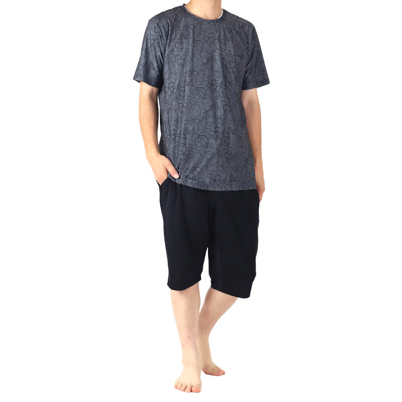 冷感 リラックスパジャマ メンズ ボタニカル柄 半袖  保冷 ひんやり 夏 パジャマ M L LL 夏パンツ 6分丈 夏ぱん ルームウェア セットアップ 上下セット つるつる ワイルド ゆったり 父の日 プレゼント ギフト (在庫限り)