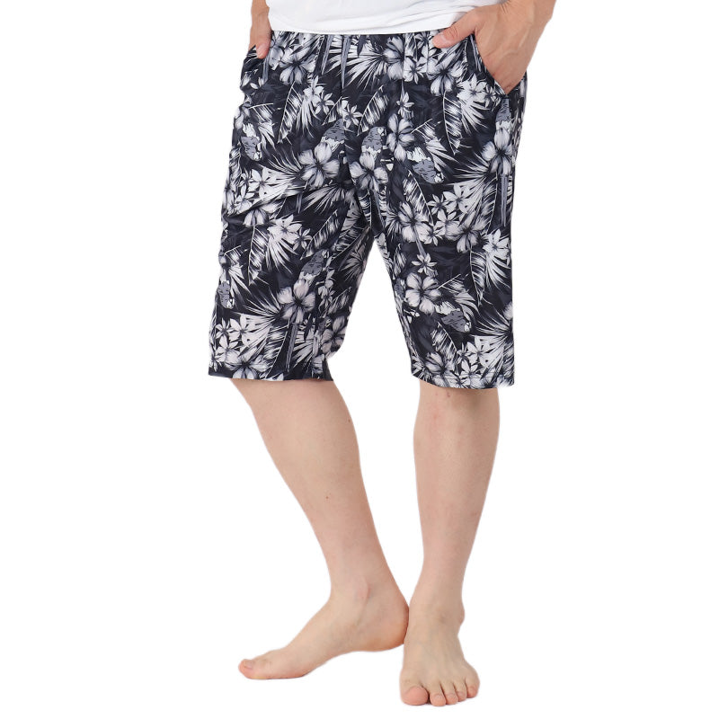 メンズ ルームウェア 涼感パンツ 接触冷感 ひんやりパンツ 6分丈パンツ M L LL ハーフパンツ クールパンツ リラックスパンツ ボタニカル柄 ハイビスカス柄 鳥柄 ベア天竺 ウエストゴム 紐調整 ポケット付き クロ コン 夏用 (在庫限り)