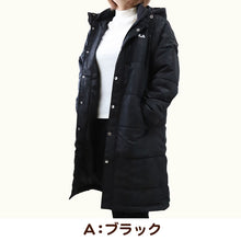 画像をギャラリービューアに読み込む, ベンチコート レディース おしゃれ FILA M～LL (中綿コート スポーツウエア フィラ 花柄 エンボス 暖かい 女性 冬 フード付き ハーフ 防寒着 コート) (送料無料) (在庫限り)
