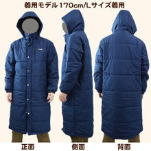 画像をギャラリービューアに読み込む, ベンチコート メンズ 中綿 コート 冬 FILA フィラ M～LL 中綿コート 暖かい 膝丈 ハーフ スポーツ アウター 防寒着 保温 無地 ウエア サッカー ネイビー ブラック ブルー スクール
