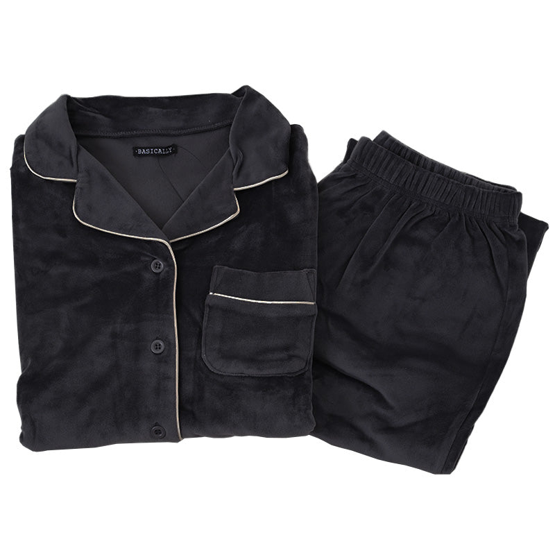 パジャマ レディース 秋 冬 かわいい 前開き 長袖 M-L ベロア やわらかい シンプル ストレッチ 薄手 上下 シャギー ルームウエア 無地 婦人 ピンク 黒 紺 ベージュ 水色 グレー (在庫限り)