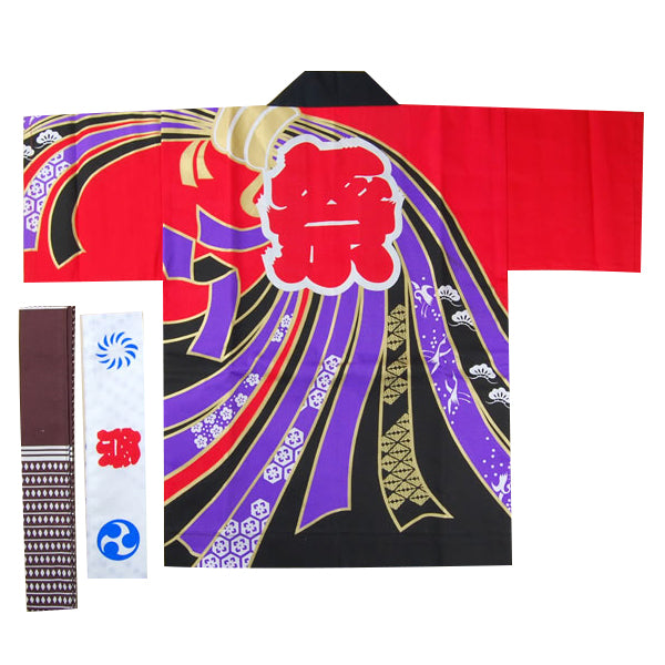 赤黒のし柄祭半天 3点セット 7-9才・10-12才 (祭用品 はんてん 法被 ハッピ) (和装呉服) (在庫限り)
