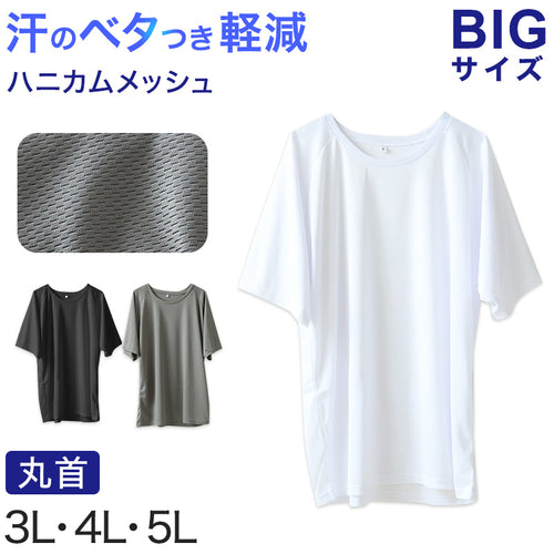 大きいサイズ 半袖 丸首 クルーネック メンズ メッシュ インナー 3L～5L 肌着 シャツ 夏 涼しい ビッグ 大寸 白t 大きめ でかい ぽっちゃり 肥満 マッチョ 筋肉 体型カバー 3L 4L 5L (在庫限り)