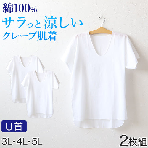 クレープ肌着 メンズ 半袖 tシャツ 綿100% 大きいサイズ 2枚組 3L～5L 大寸 ビッグサイズ 下着 インナー 夏 涼しい 吸汗速乾 男性 紳士 コットン Uネック U首 3L 4L 5L (在庫限り)