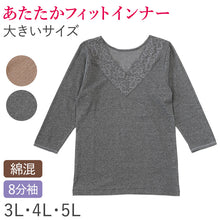 画像をギャラリービューアに読み込む, 婦人 8分袖 インナー スリーマー スリーマ 長袖 肌着 レース 3L～5L 婦人肌着 レディース シャツ 下着 肌着 薄手 暖かい あったか 防寒 冬 綿混 3L 4L 5L
