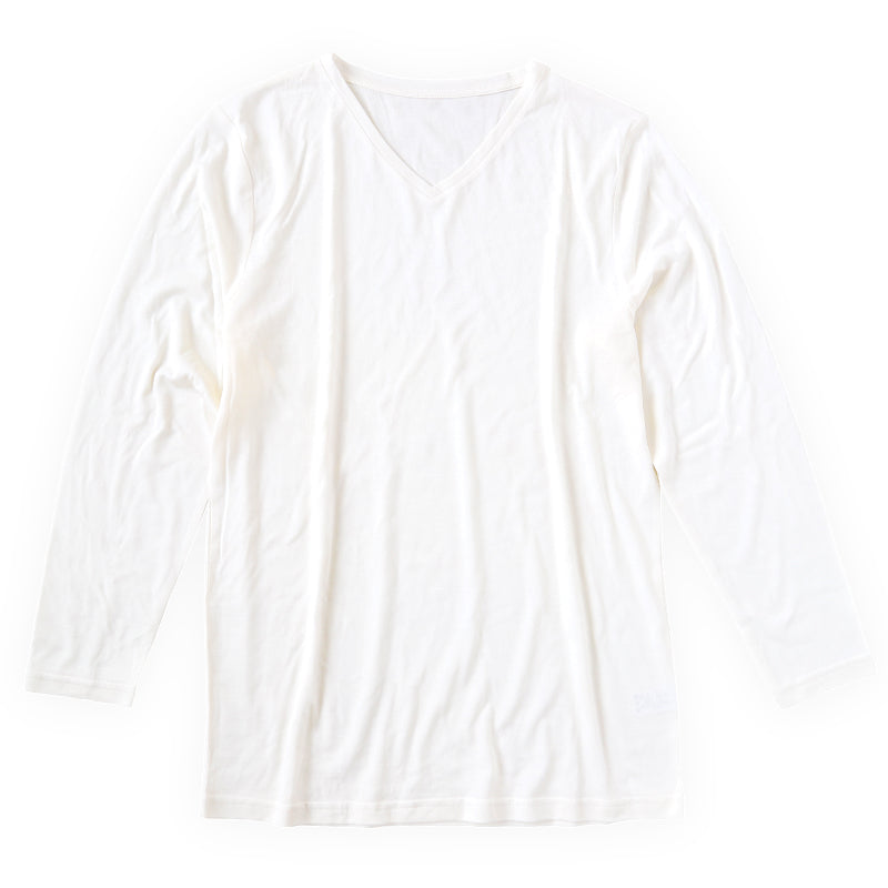 メンズ シルク&コットン 長袖 Vネックシャツ M～LL 白 長袖シャツ 絹 綿 綿混 絹混 V首 Tシャツ 無地 インナー 下着 肌着 (送料無料)