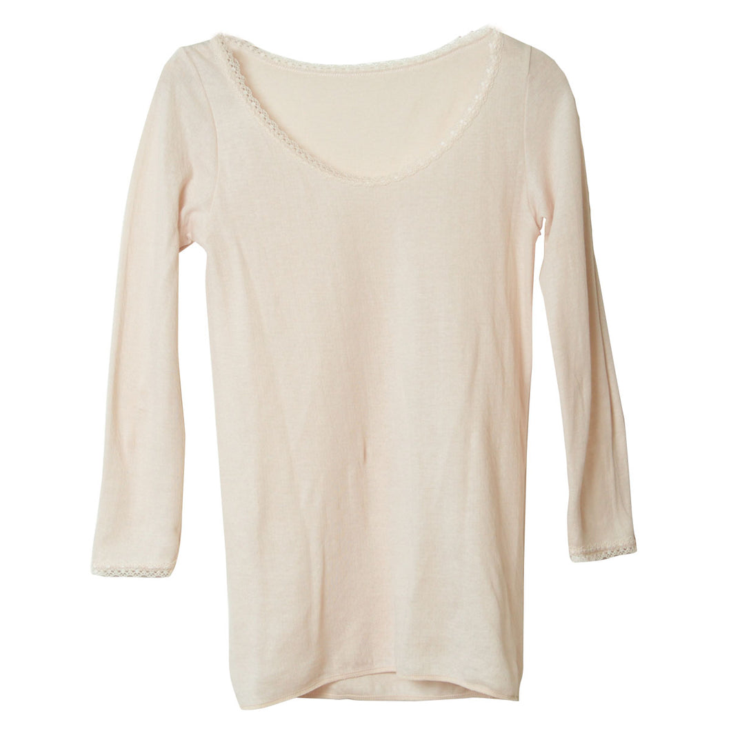 綿100% インナー レディース 長袖 ガーゼ 8分袖 シャツ M～LL 下着 肌着 締め付けない コットン 綿 婦人 女性 冷えとり あったか 暖かい 日本製 レース