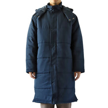 画像をギャラリービューアに読み込む, ベンチコート メンズ ロング 無地 撥水 防寒 防風 アウトドア 大きいサイズ 大人用 M～3L 男女兼用 レディース ロングコート コード フード付き 観戦 スポーツ観戦 中綿 防寒着 軽い 軽量  暖かい ゆったり シンプル おしゃれ コーデ アウター  (送料無料)

