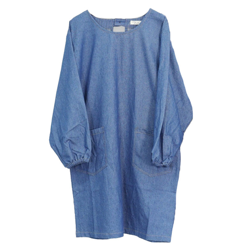 割烹着 デニム エプロン 長袖 レディース シンプル 無地 ストライプ 綿