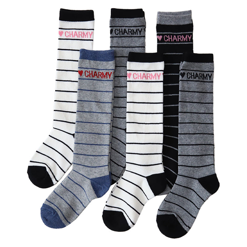 ハイソックス キッズ ガールズ ジュニア 子供用 6足セット 16-18cm・19-21cm・22-24cm (セット 女の子 靴下 長靴下 ロング丈 くつ下 くつした ドット ボーダー かわいい) (在庫限り)