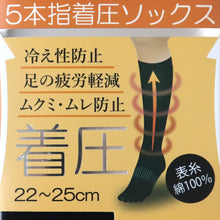 画像をギャラリービューアに読み込む, 5本指 着圧 ハイソックス レディース 22-25cm (着圧ソックス 黒 5本指 靴下 五本指 ソックス ひざ下 むくみ アウトレット) (在庫限り)
