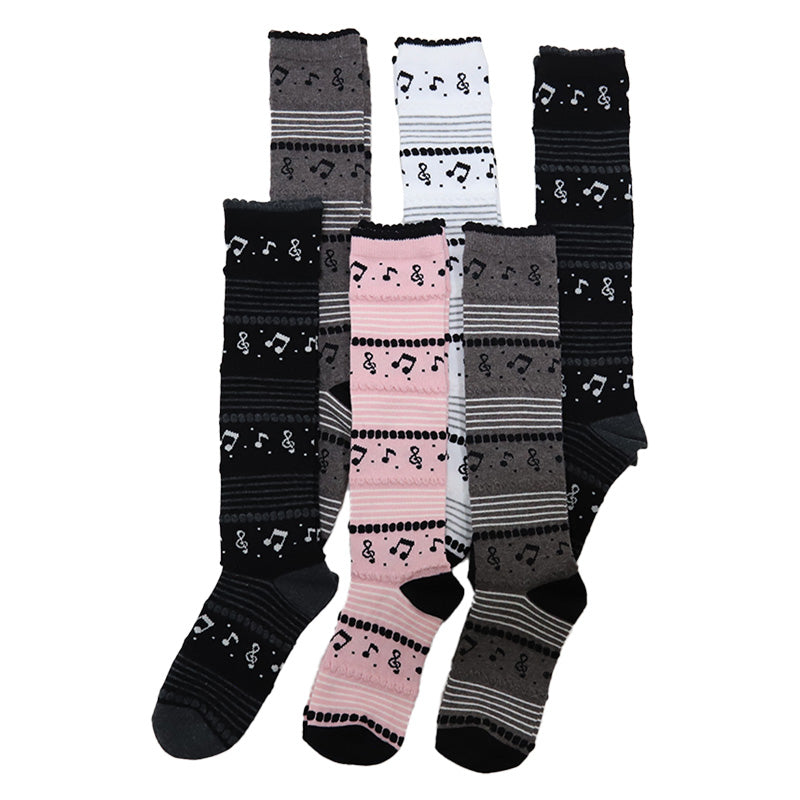 SOXJAM 女児ハイソックス 6足組 16-18cm・19-21cm・22-24cm(子供 ソックス 靴下 ロング丈 くつ下 くつした 音符 ボーダー セット) (在庫限り)